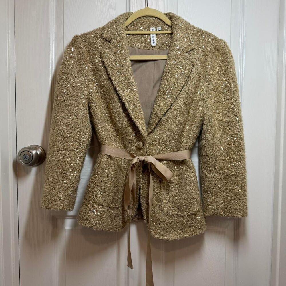 Vintage 90s Robbi & Nikki Women's Sparkling Gold Sequin Belted Jacket Large - Picture 2 of 8